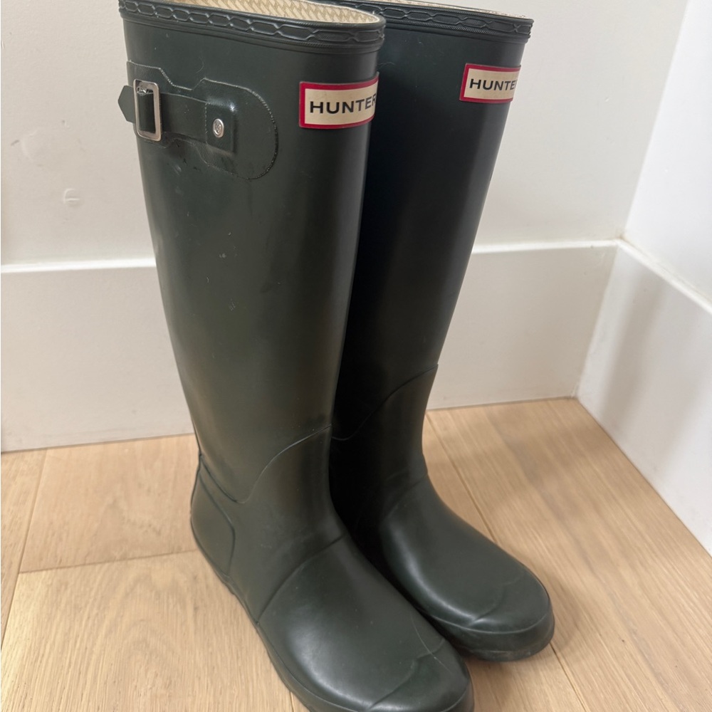 Hunter green high rain boots